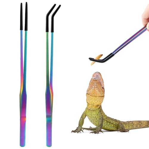 OLIISS Stainless Steel Reptile Feeding Tongs with Rubber Tip - 10.6" Straight & Curved Tweezers for Aquariums & Crafts - Feeder Tools for Bearded Dragons & Lizards - Terrarium Tank Supplies - 2 Pack