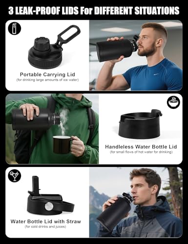 64 Oz Black Tactical Water Bottle with 3 Lids, Molle Holder | Half Gallon Water Bottle with Straw, Water Jug with Holder, Stainless Steel Sport Bottle with 3 BPA Free Lids for Gym Workout - color: 64oz-Black