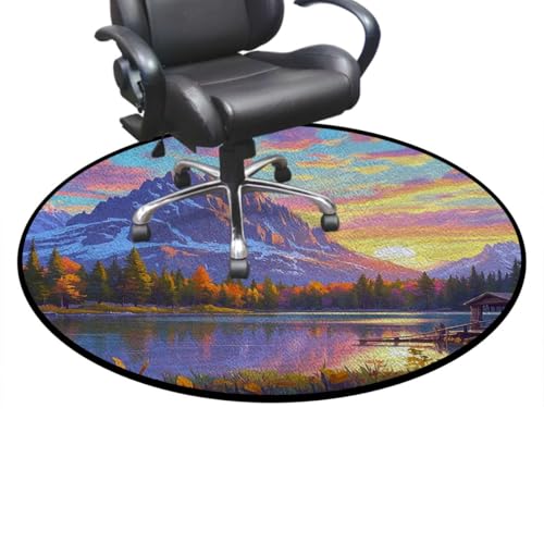 Landscape Round Gaming Chair Mat for Hardwood Floors, Snow Mountain Lake Autumn Anti-Slip Office & Desk Chair Protector for Rolling Chairs, Multicolor Diameter 35.4 in - color: Landscape_1406, size: Diameter 35.4 in