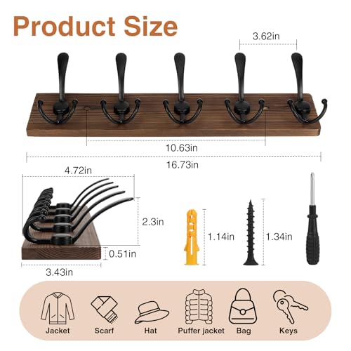 Wooden Coat Rack Wall Mount Heavy Duty, 2 Pack Coat Hanger Wall Mount with 5 Triple Hooks for Clothes, Jacket, Hat, Keys, Space Saving Entryway Organizer for Mudroom (‎Brown Plate & Black Hooks) - color: ‎Brown Plate & Black Hooks