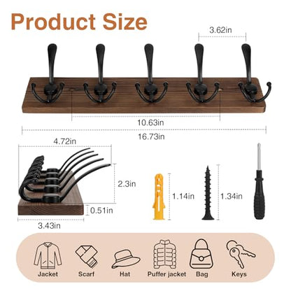 Wooden Coat Rack Wall Mount Heavy Duty, 2 Pack Coat Hanger Wall Mount with 5 Triple Hooks for Clothes, Jacket, Hat, Keys, Space Saving Entryway Organizer for Mudroom (‎Brown Plate & Black Hooks) - color: ‎Brown Plate & Black Hooks