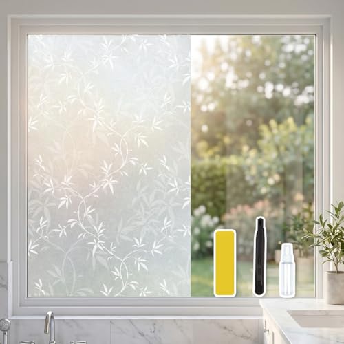 2026 New Bamboo Leaf Pattern Frosted Privacy Window Film with Sparkle Effect – Decorative UV Blocking Window Covering Static Cling, Removable for Bathroom Home Office - color: Bamboo Leaf