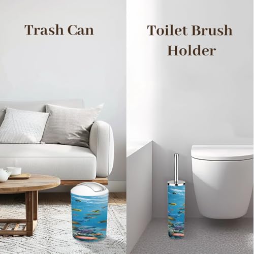 Bathroom Accessory Set 6 Piece Fish Snorkeling Sea Bahamas Underwater Hawaii Islands Aquarium Fishing Trash can, Toothbrush Holder, Toothbrush Cup, Soap Dispenser, Soap Dish, Toilet Brush Holder - color: Color1