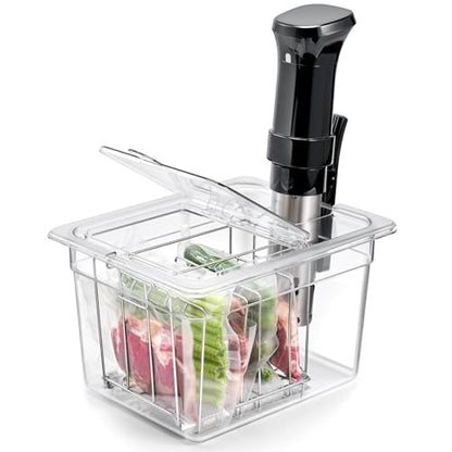 Sous Vide Container 12 Quart with Universal Collapsible Hinged Lid,Complete Sous Vide Accessories Kit BPA Free,Compatible with Anova and Most Sous Vide Cookers（With Rack and Sleeve）
