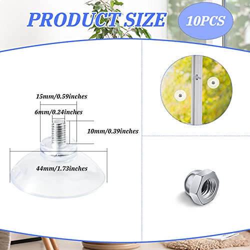 10 Pcs Suction Cups for Glass Window Screw Suction Pads 1.73"/44mm PVC Clear Sucker Pads with Cap Nut M6 Thread for Home Organization Bathroom Window Wall
