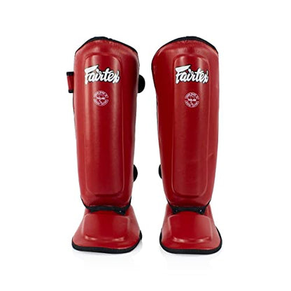Fairtex SPK9 PU Leather Youth Shin Guards, Hook and Loop Muay Thai Shin Pad - color: Red, size: 10-12yrs