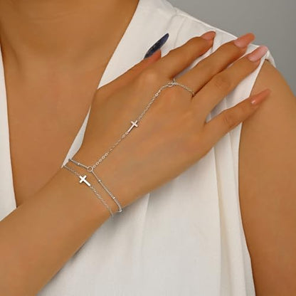 18K Gold Plated Small Cross Bracelet for Women | Tiny Cute Cross Bracelets | Beaded Bracelet | Hip Hop Knot | Hand Chain Bracelets | Gold Jewelry Gifts for Women - color: 2 Cross Hand Chain Silver