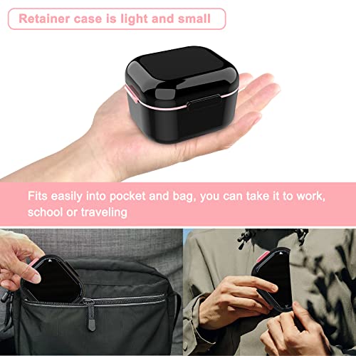 Denture Case with Mirror, Leakproof Retainer Box with Strainer Basket - color: Black Pink