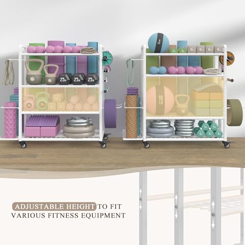 4-Tier Weight Rack for Home Gym with Wheels and Hooks - size: Large White