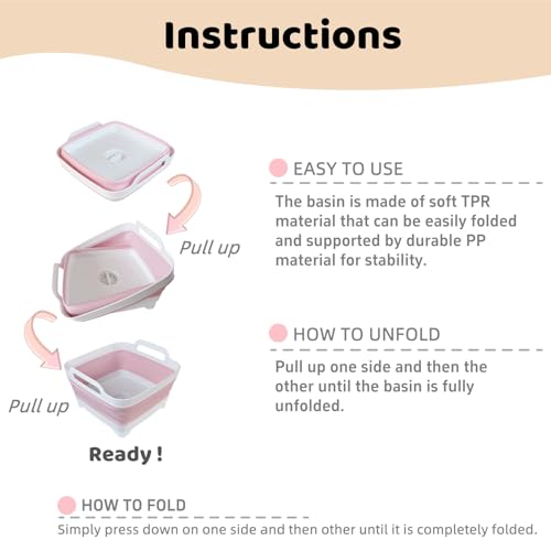Collapsible Wash Basin for Baby Bottles - 2.4 Gallons Portable Wash Bin for RV Camping Sink, Space-Saving Dish Tub (Pink) - color: Pink