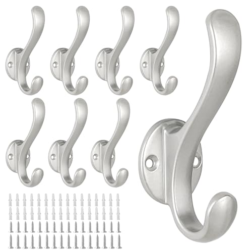 8 Pack Coat Hooks Wall Mount Heavy Duty Utility Retro Double Hooks for Hanging Coats,Hat, Towel, Key, Robe, Scarf, Bag, Cap (Silver) - color: 8 Pack-Silver