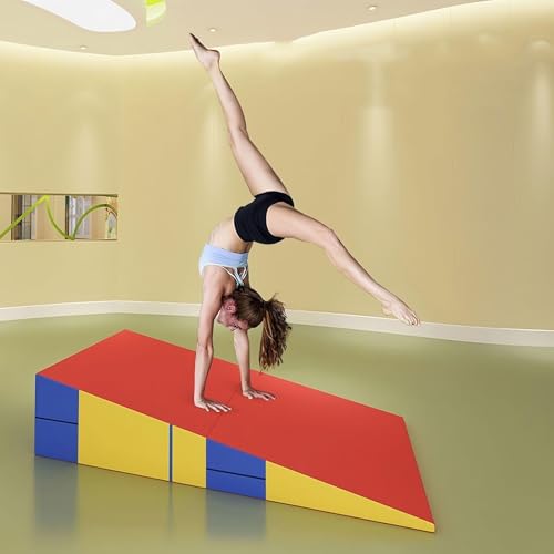 Folding Incline Gym Mat Tumbling Cheese Wedge for Gymnastics, Martial Arts, Dance And Yoga Stretch Training - color: Red Blue Yellow, size: 83x60x35cm