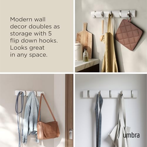 Umbra Flip Coat Rack, Wall Mounted 5-Hook Space Saving, White/Nickel - color: White/Nickel, size: 5 hook