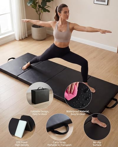 Garvee Gymnastics Mat, 6.2Ft 2-Inch Thick 4-Fold | Exercise Floor Mat for Home Gym, Portable Yoga Mat for Pilates, Aerobics, Martial Arts & Training - size: 6x3Ftx2"-Black