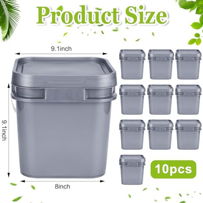 10 Pcs 2.2 Gallon Square Bucket with Lid Food Grade Plastic Bucket 10L Utility Industrial Pail with Handle Container for Food Oil Tub Water Fishing Paint House Cleaning Car Washing(Gray)