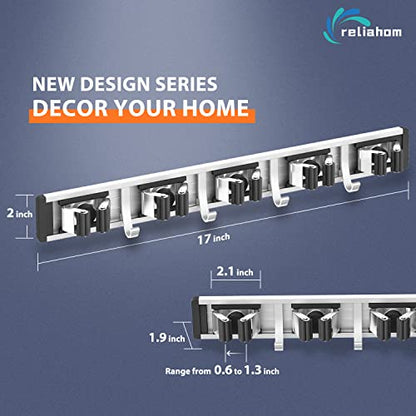 reliahom Broom Holder Wall Mount Mop Hanger Tools organizer 5Racks4Hooks,2P | Adjustable Mop Broom Wall Hanging Heavy Duty Tools Storage Rack Space-saving for Garage,Kitchen,Laundry Room,Garden, Black - color: Black
