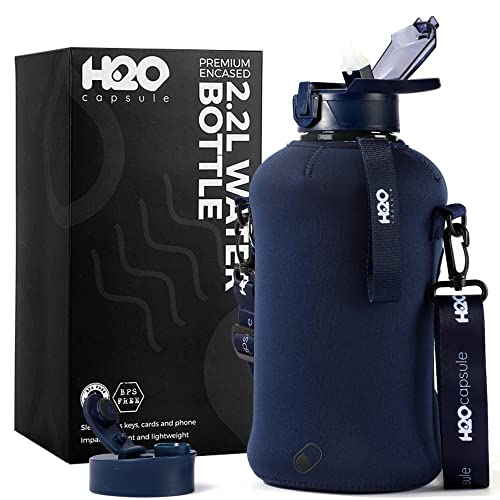 H2O Capsule 2.2L Half Gallon Water Bottle with Storage Sleeve and Covered Straw Lid – BPA Free Large Reusable Drink Container with Handle - Big Sports Jug, 2.2 Liter (74 Ounce) - color: Navy Blue
