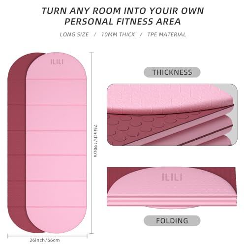ILILI Foldable Yoga Mat, 10mm Thick, 75x26 Inch Extra Long, Exercise Mat - color: Light Pink+Rose Pink