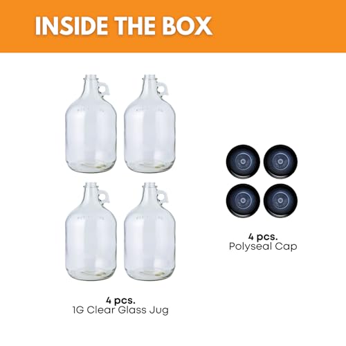 Fastrack 4-Pack 1 Gallon Glass Jug Set (128 oz) w/ Polyseal Caps | Multipurpose 1 Gallon Jug, & Detergent Dispenser for Laundry, Glass Jar for Liquids, Water & Juice - size: 4 Count (128 oz per bottle)