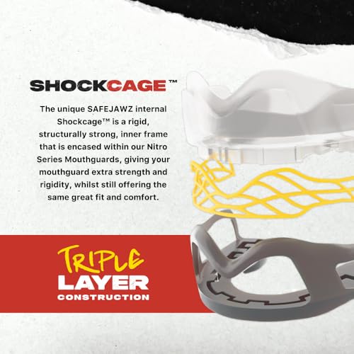 SAFEJAWZ Sports Mouth Guard Triple Layer Premium Protection with Shock-Cage | Adult 12+ Years, Grey Gum Shield with Case, Easy Fit Remouldable, Anti Gag, Rugby, Boxing, MMA, Hockey, Contact Sports - color: Grey