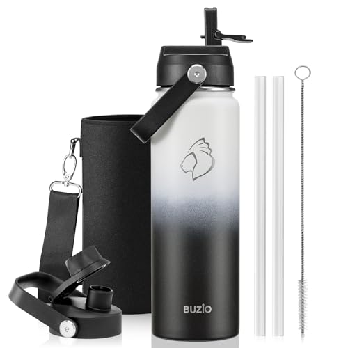 BUZIO 24 oz Insulated Stainless Steel Water Bottle with Straw & Spout Lids | Triple Wall Insulated Tumbler (Dishwasher Safe) ,Cold for 48 Hrs, Wide Mouth, Leakproof, BPA-Free, for Sports, Gym, School - color: Day & Night, size: 24 Ounces