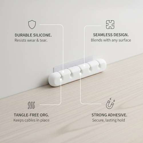 White Silicone Cable Organizer Clips with Adhesive Backing for Desk, Car Dashboard & Wall Cord Management