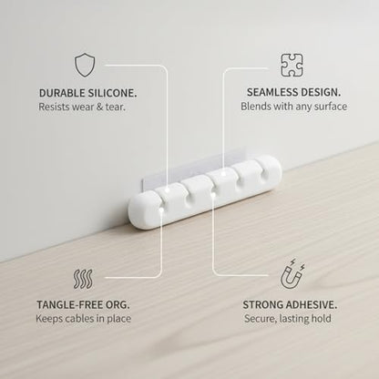 White Silicone Cable Organizer Clips with Adhesive Backing for Desk, Car Dashboard & Wall Cord Management