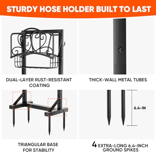 Stable Garden Hose Holder with Storage Basket and Tool Hooks, Heavy-Duty Garden Hose Storage Metal Hose Hanger Holds 160Ft, Rustproof Freestanding Water Hose Holder for Outside,Yard,Lawn,Farm - color: Black