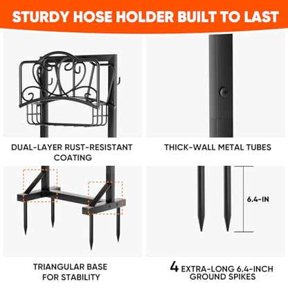 Stable Garden Hose Holder with Storage Basket and Tool Hooks, Heavy-Duty Garden Hose Storage Metal Hose Hanger Holds 160Ft, Rustproof Freestanding Water Hose Holder for Outside,Yard,Lawn,Farm - color: Black