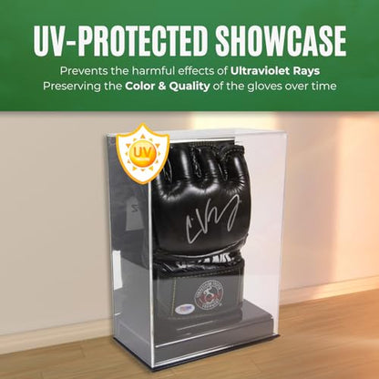 Deluxe Single MMA Fight UFC Glove Display Case with Mirrored Back & Solid Base Stand | Display for Gloves with UV Protection Safe top | Made of Crystal Clear Acrylic