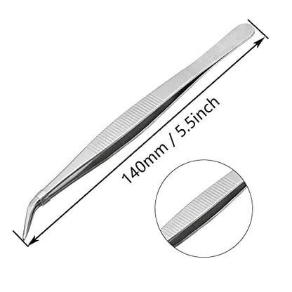5.5 Inch Bent Tip Long Forceps Tweezers, Serrated Flat Tips Precision Curved Surgical Tongs Jewelers Needle Metal Sewing Sharp Kitchen Cooking Tweezers With Teeth Knurled Handles (1PCS-140mm) - color: Bent-1pcs-5.5inch
