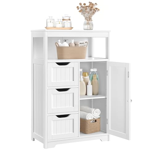 Yaheetech Bathroom Floor Cabinet Wooden Storage Organizer with 1 Door and 3 Drawers, Free-Standing Cupboard for Kitchen/Living Room/Bathroom Use, White - color: White, size: 12"D x 22"W x 34"H