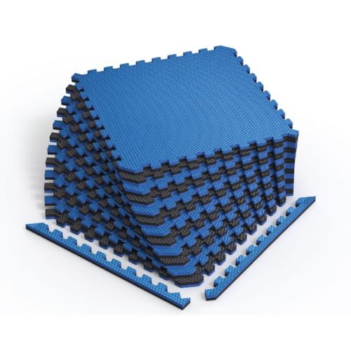 Reversible 3/4" EVA Foam Gym Floor Tiles, Blue/Black, 12-Pack | 24" x 24" interlocking tiles include 24 trim pieces and cover 48 sq. ft. for home gym flooring - color: Dazzling Blue/Black, size: 12 Tiles - 48 Sq. Ft.