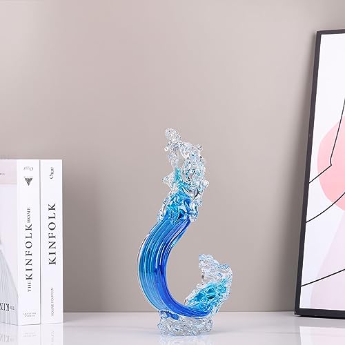 Blue Glass Beach House Decor, Hand Blown Ocean Wave Decorate, Tall Blue Glass Sculpture Home Decor, Ocean Wave Fused Art Figurines, for Sea Art Beach Coastal Nautical Office Surfers Gifts