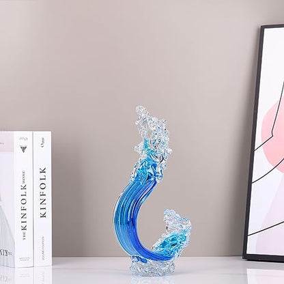 Blue Glass Beach House Decor, Hand Blown Ocean Wave Decorate, Tall Blue Glass Sculpture Home Decor, Ocean Wave Fused Art Figurines, for Sea Art Beach Coastal Nautical Office Surfers Gifts