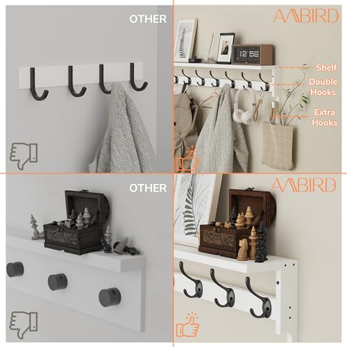AMBIRD Coat Rack Wall Mount, 35 Inch Large Coat Hooks Wall Mounted with 7 Dual Metal Hooks and 2 Side Hooks, Wall Hooks with Shelf in Entryway, Kitchen, Living Room, Bathroom, Bedroom (White) - color: White, size: 7+2 Hooks 35" L