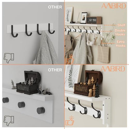 AMBIRD Coat Rack Wall Mount, 35 Inch Large Coat Hooks Wall Mounted with 7 Dual Metal Hooks and 2 Side Hooks, Wall Hooks with Shelf in Entryway, Kitchen, Living Room, Bathroom, Bedroom (White) - color: White, size: 7+2 Hooks 35" L