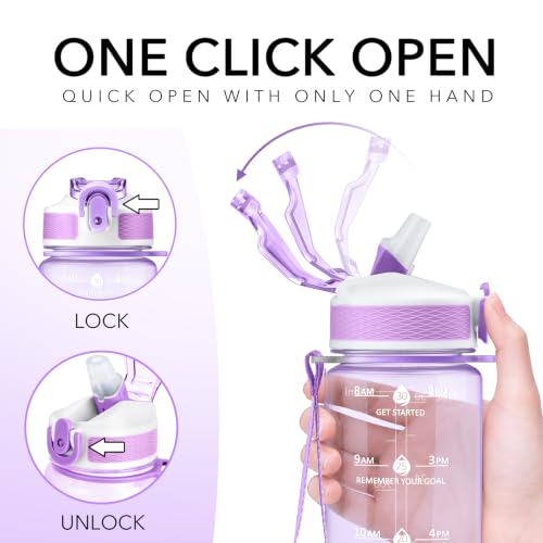 Hyeta Plastic Water Bottle With Straw & Time Marker, 32oz Leakproof Jug - color: Clear Wisteria
