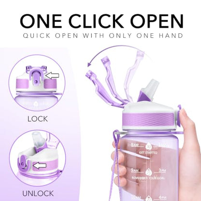 Hyeta Plastic Water Bottle With Straw & Time Marker, 32oz Leakproof Jug - color: Clear Wisteria