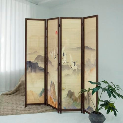 4 Panel Bamboo Room Divider, 5.6 ft Tall Double-Sided Freestanding Folding Privacy Screen, Premium Thickened Wood Frame with Colorful Landscape Pattern for Home Office (67" H x 63" W)