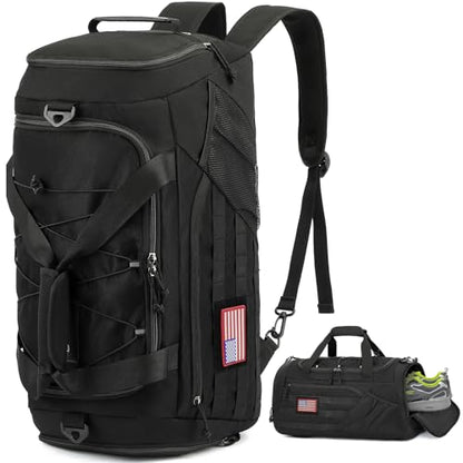 3-in-1 Tactical Gym & Travel Duffle Bag Backpack Men Multi-Functional 45L Military Sports Duffle Bag with Shoe Compartment & Wet Pocket for Workout Weekender Overnight Bag with Molle Webbing, Black - color: Black