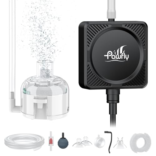 Pawfly Mini Aquarium Air Pump, Ultra Quiet Oxygen Aerator Kit for 1-15 Gallon Fish Tanks with Air Tubing, Air Stone, Check Valve & Suction Cups