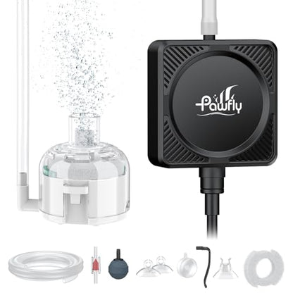 Pawfly Mini Aquarium Air Pump, Ultra Quiet Oxygen Aerator Kit for 1-15 Gallon Fish Tanks with Air Tubing, Air Stone, Check Valve & Suction Cups