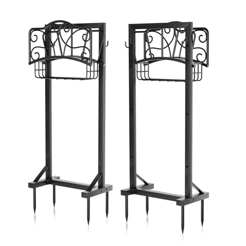 Heavy-Duty Garden Hose Holder with Storage Basket and Tool Hooks, Stable Hose Hanger Metal Garden Hose Storage Holds 160Ft, Rustproof Freestanding Water Hose Holder for Outside,Yard,Lawn,Farm - size: Holder+Basket 42.1in