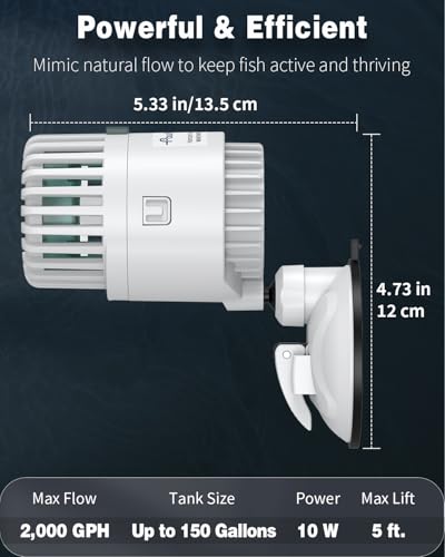 Pawfly Wave Maker for Aquarium, 2000 GPH 10W Aquarium Powerhead, Quiet Submersible Wavemaker for Fish Tanks up to 150 Gallons, Water Circulation Pump with Strong Suction Cup Base - size: for Tanks up to 150 Gallons