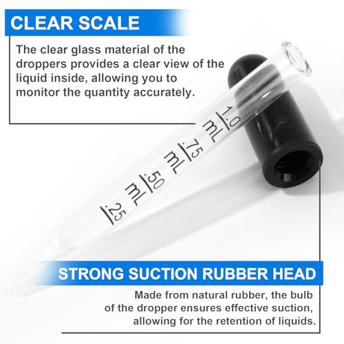 10 Pcs Eye Dropper with Durable Rubber Head, 1ml Glass Dropper, Liquid Droppers for Oils, Eye Droppers for Medicine, Precise Pipette Droppers for crafts, Essential Oil, Food