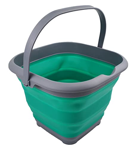 SAMMART 8.5L (2.2 Gallon) Collapsible Square Handy Bucket/Foldable SquareWater Pail/Portable Tub with Handle. Size 31cm (Square) (Grey/Bluish-Green) - color: Grey/Bluish-green