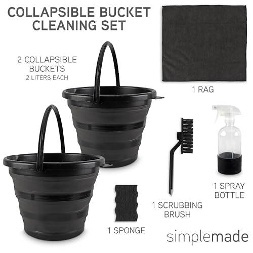 SIMPLEMADE Collapsible Bucket Cleaning Set - Includes 2 Foldable Buckets, Spray Bottle, Rag, Scrubbing Brush and Sponge - Holds Up to 10 liters, Easy Storage, All-Purpose Cleaning Solution