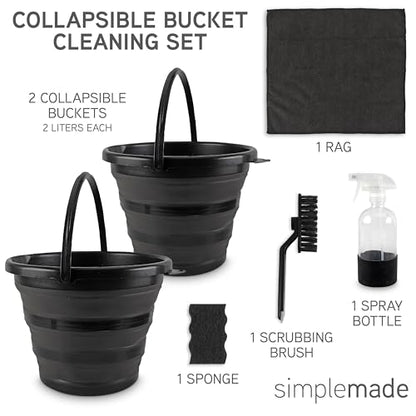 SIMPLEMADE Collapsible Bucket Cleaning Set - Includes 2 Foldable Buckets, Spray Bottle, Rag, Scrubbing Brush and Sponge - Holds Up to 10 liters, Easy Storage, All-Purpose Cleaning Solution