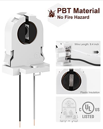 20-Pack JACKYLED Screw Type T8 Lamp Holder with Wires UL Non-shunted Tombstone Light Socket for LED Fluorescent Tube Replacements - style: T8 Lamp Holder With wire-20 Pack